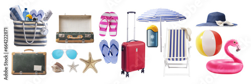 Collection of travel and beach accessories photo