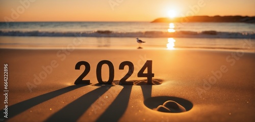 A serene beach at sunset, with the number 2024 made of sand