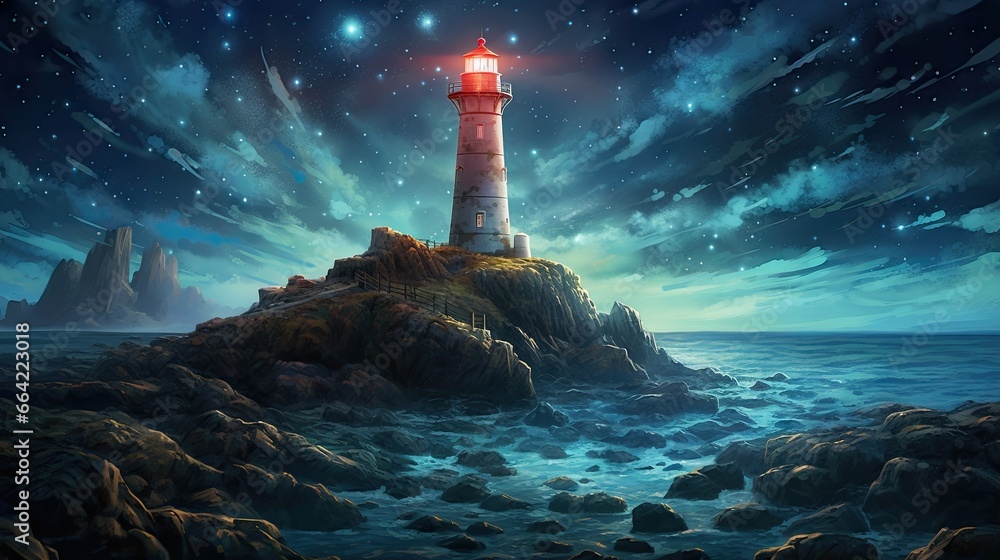  a painting of a lighthouse on a rocky shore at night.  generative ai