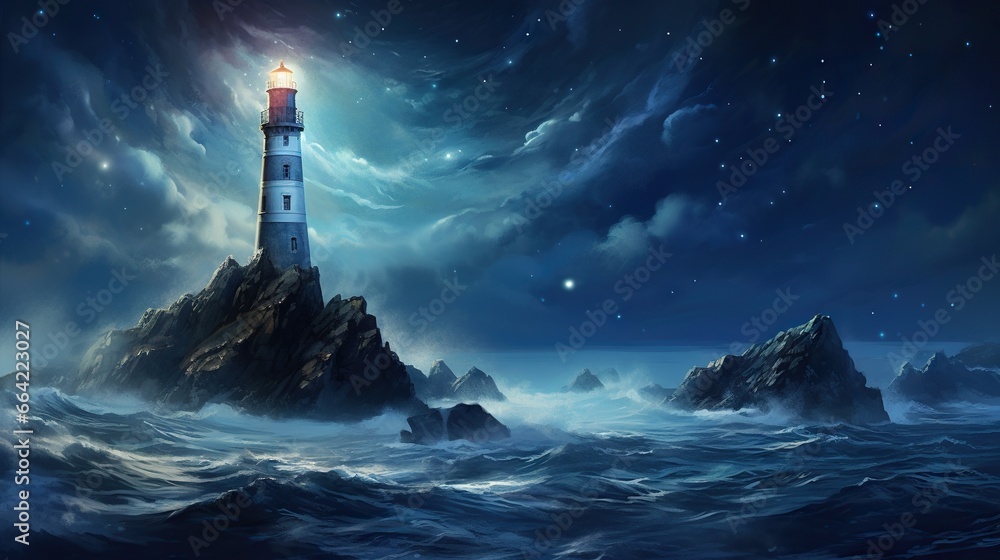  a painting of a lighthouse in the middle of the ocean.  generative ai - obrazy, fototapety, plakaty 