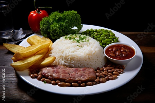 Rice, beans, French fries, and meat.