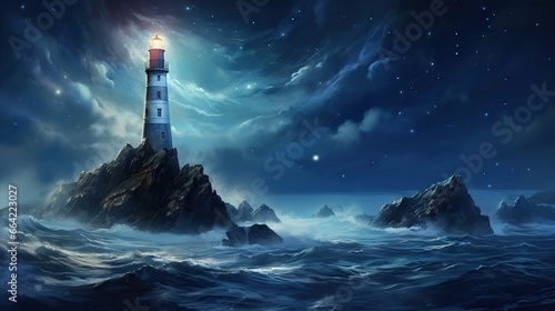  a painting of a lighthouse in the middle of the ocean. generative ai