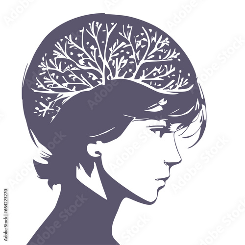 Psychotherapy, stress and psychosis. A woman head in profile with a tangle of nerves, scribbles. Active mental, intellectual and thinking. Intelligence and knowledge development with brain performance