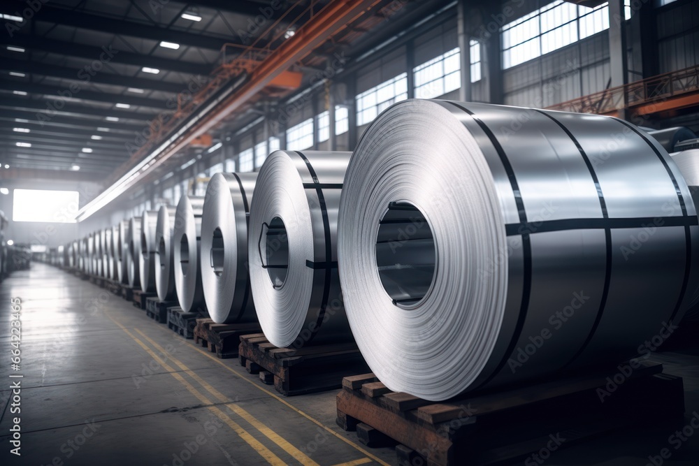 Rolls of carbon steel sheets in the factory, in a warehouse. Rolls of carbon steel sheets in the factory, in a warehouse.