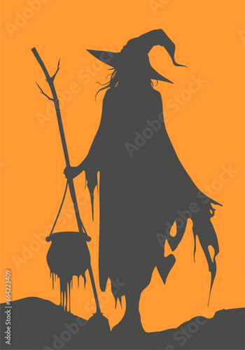 Walking young cute witch girl with cauldron sketchbook cartoon style illustration. Long curly hair. Halloween relative character silhouette