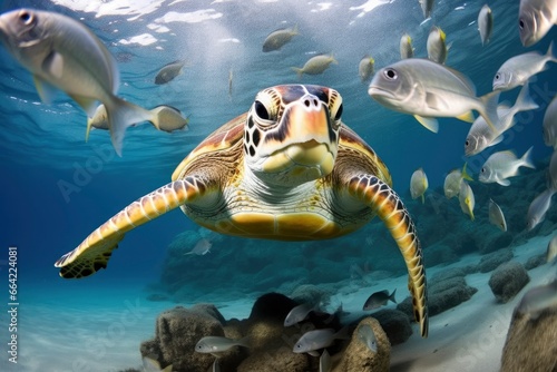 Turtle closeup with school of fish. © Ahasanara