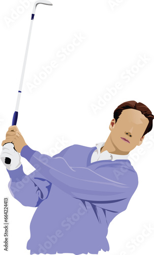 Golfer hitting ball with iron club. Vector illustration