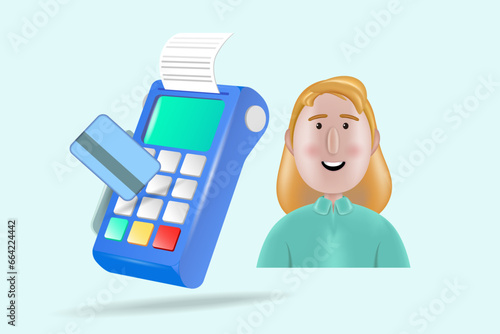 Payment terminal, POS-banking device.
A payment device with an NFC keyboard. A credit card reader. Cartoon character.
Vector 3D illustration.