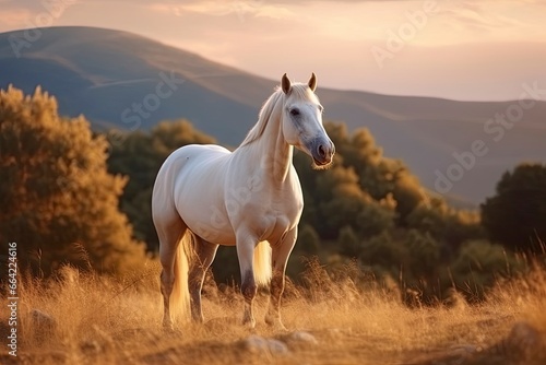 White horse or mare in the mountains at sunset. © Ahasanara