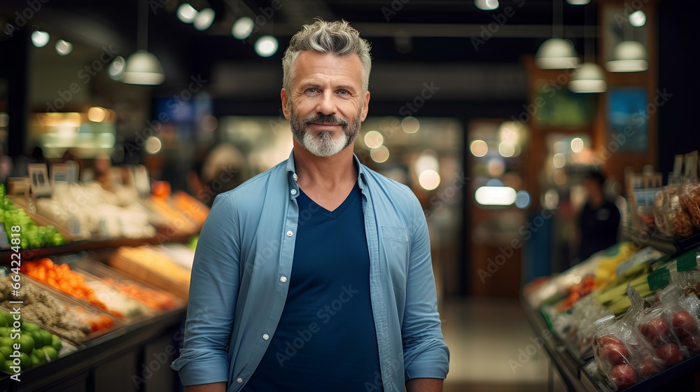 in a grocery section of a shopping mall, a man in his early 40s. He wears a contented expression and is gazing towards a store he's about to enter for a purchase. generative AI in a grocery section of a shopping mall, a man in his early 40s. He wears a contented expression and is gazing towards a store he's about to enter for a purchase. generative AI