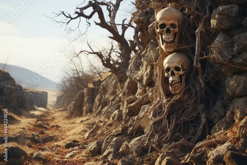 The elongated skulls on the mountain's pinnacle cast an eerie presence in the desolate expanse.