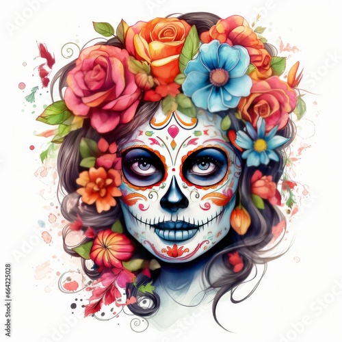 Woman sugar skull with beautiful colored flowers on white background.