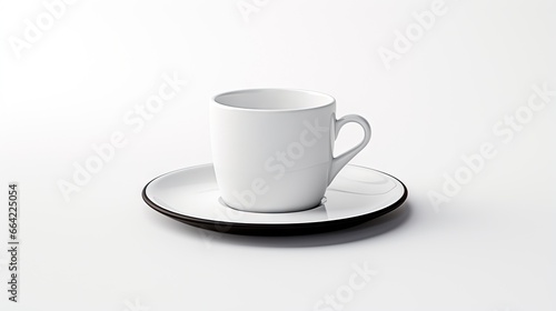  a white coffee cup and saucer on a white table.  generative ai