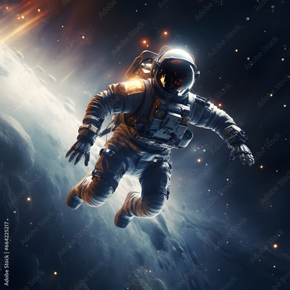 Fototapeta premium Astronaut's Solitude: Floating in the Cosmic Vastness