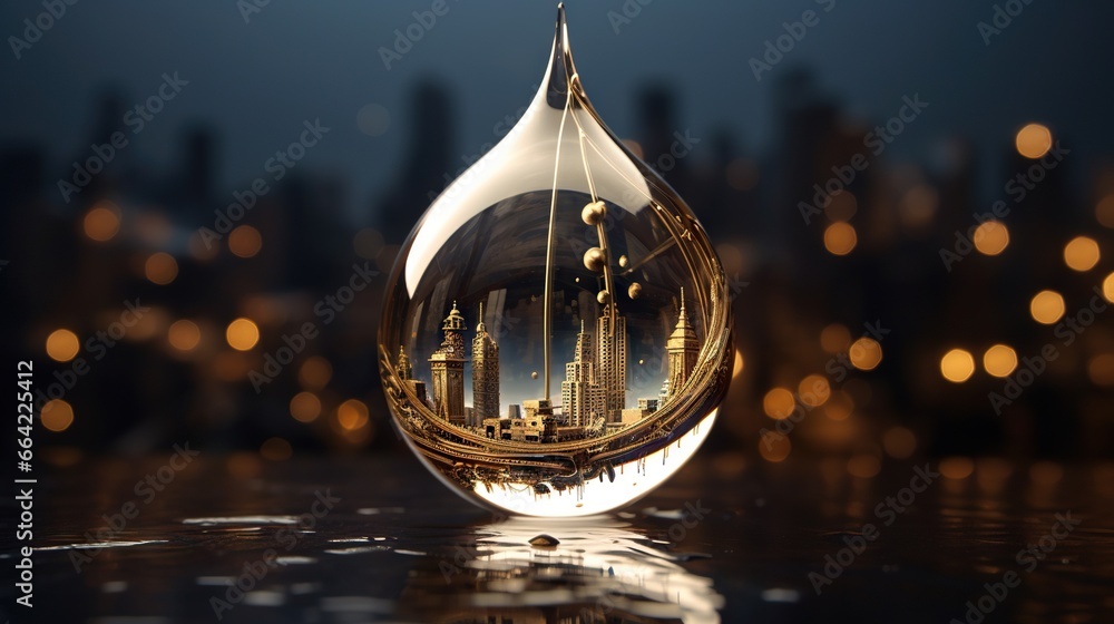 a drop of water with a city in the reflection of it. generative ai a drop of water with a city in the reflection of it. generative ai