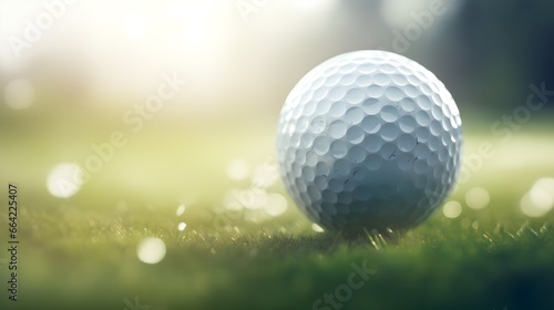 This close-up photo showcases the precision and detail of a golf ball resting on the lush green expanse of a golf course, capturing the essence of the sport and the outdoor leisure it offers.