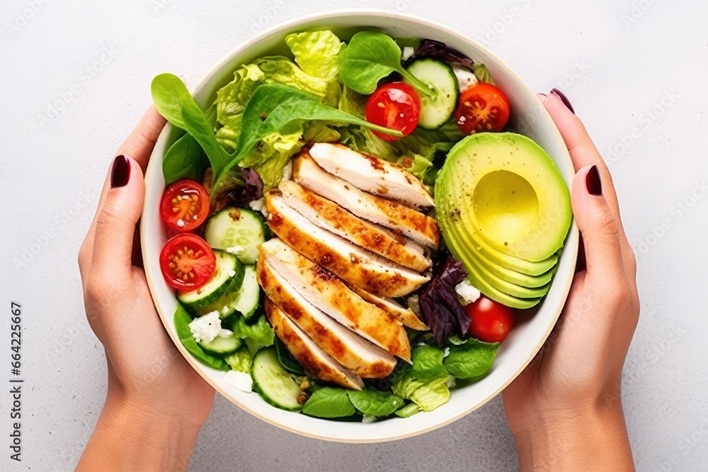 Grilled chicken meat and fresh vegetable salad of tomato, avocado, lettuce, and spinach. - obrazy, fototapety, plakaty 