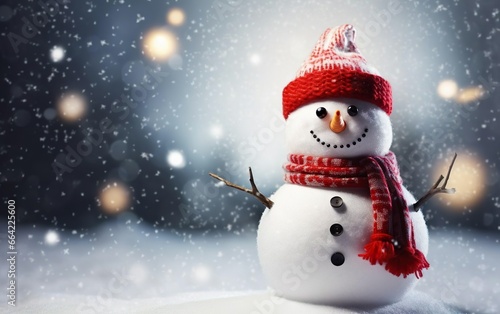 Happy snowman in a red hat and warm scarf standing on the snowy surface. Christmas poster, bokeh, de focus, copy space for your text at the left. AI Generative © your_inspiration
