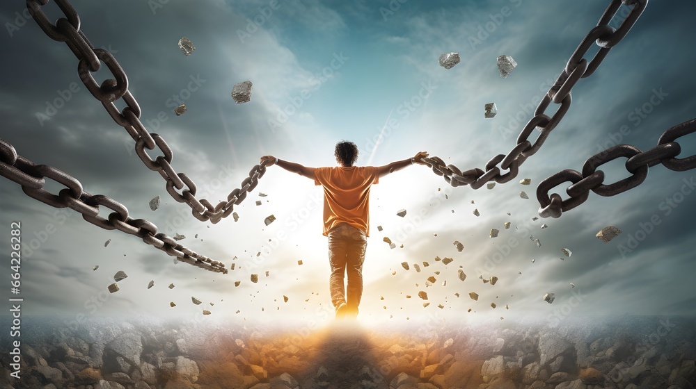 This illustration captures the liberating potential of new medications, allowing individuals to break free from the chains of addiction and obesity, embarking on a bright and hopeful future. - obrazy, fototapety, plakaty 
