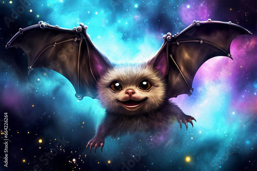 a bat with colorful clouds and stars in the background