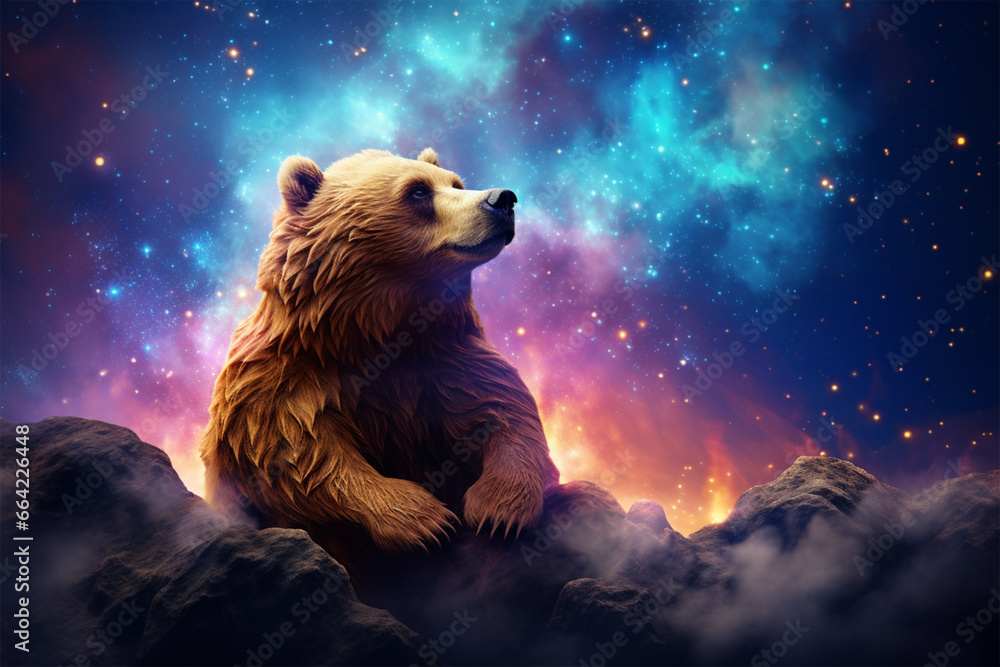 a bear with a background of colorful clouds and stars