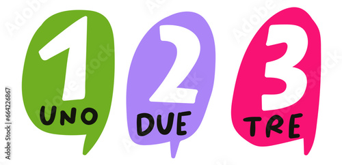 Uno, Due, Tre. It's one, two, three, in Italian language. Education concept for children. Vector illustration design.