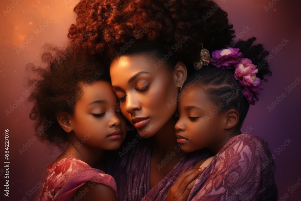 A Heartwarming Moment of a Mother with Her Two Daughters. Fictional characters created by Generated AI. A Heartwarming Moment of a Mother with Her Two Daughters. Fictional characters created by Generated AI.