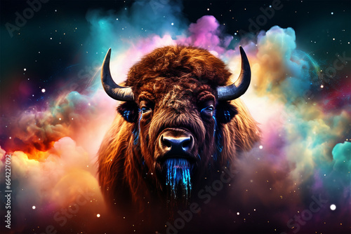 a bison with colorful clouds and stars in the background