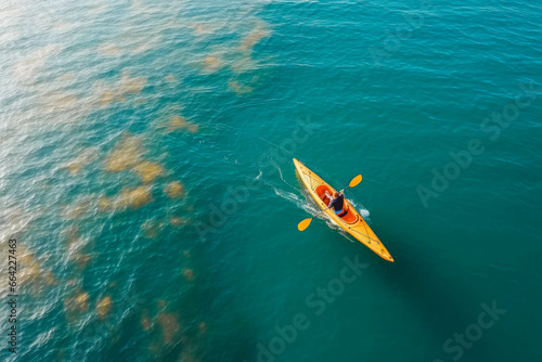 Aerial view of person in kayak in blue sea. Woman kayaking in blue water.