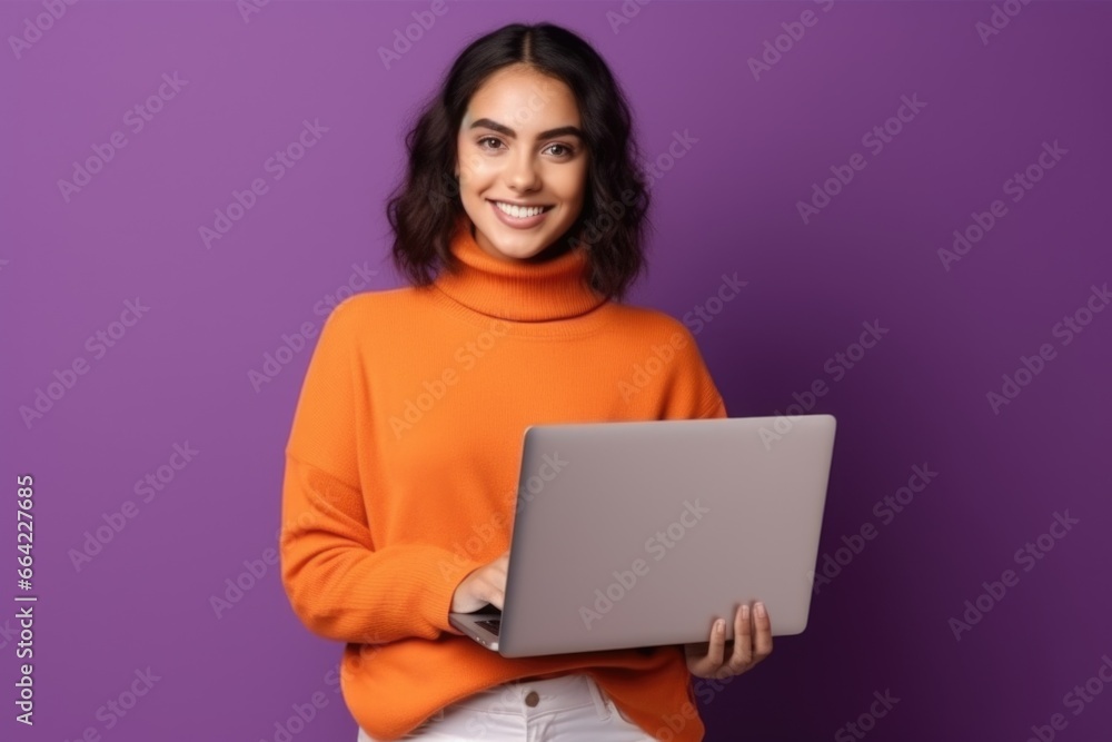 Naklejka premium A girl with a laptop in an orange sweater on a solid purple background.