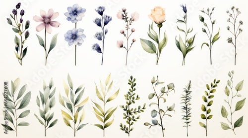 Wallpaper Mural Set of floral watercolor logo elements. Wreath borders dividers, frame corners and minimalist flowers branch. Hand drawn line wedding herb, elegant leaves for invitation save the date card. Botanical Torontodigital.ca