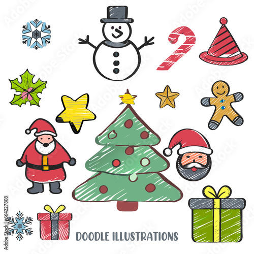 set of Christmas doodle drawing 