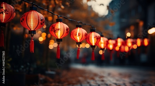 Chinese New year red paper latern decoration with lights on the street photo