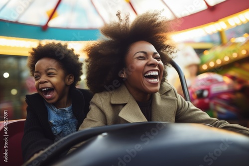 Experience the thrill of a carousel ride with a joyful woman and child laughing together. Fictional characters created by Generated AI.