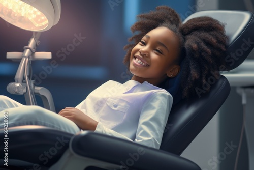 Smiling Girl at the Dentist - Getting her Teeth Checked. Fictional characters created by Generated AI. © shelbys