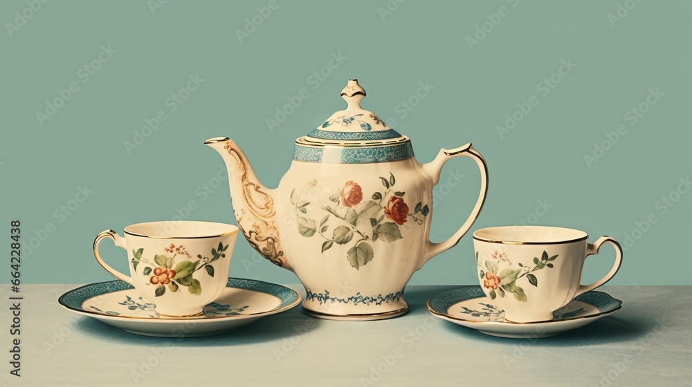 a tea set with a tea pot and two cups and saucers. generative ai a tea set with a tea pot and two cups and saucers. generative ai