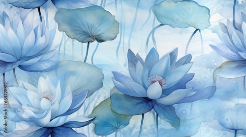  a painting of blue water lilies with water droplets on them.  generative ai