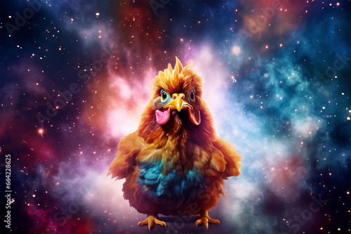 a chicken with a background of stars and colorful clouds © Yoshimura