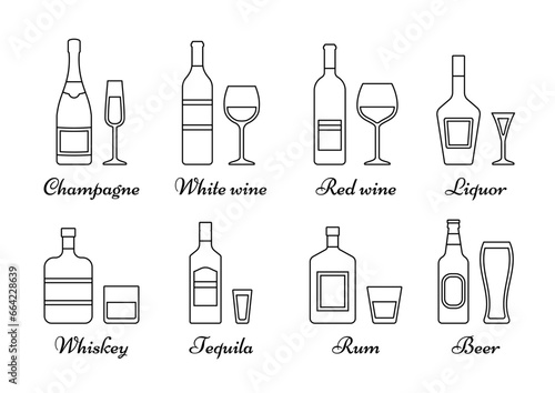 Outline alcohol bottles and glasses set in flat design. Linear icons beverages isolated on white background. Set black alcoholic drinks with wineglasses. Vector graphics. Thin line illustration.