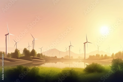 Environmentally friendly green energy production with windmills in an ecological park. Generative AI photo