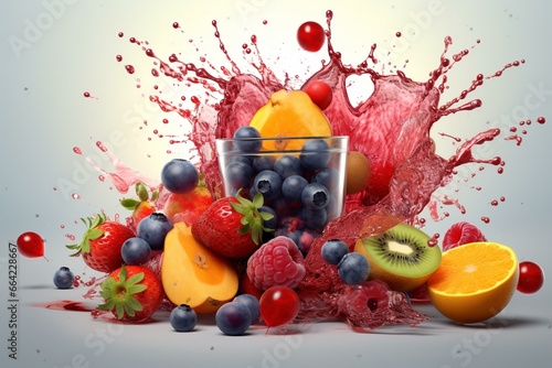 Refreshing fruit juice mix with splashes of orange  blackberry  strawberry  pineapple  blueberry  and cherry. Forest fruit-infused 3D splash. Generative AI