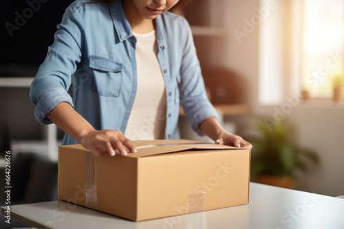 closeup hand Woman packing cardboard box indoors, moving day and relocating delivery service concept. © inthasone