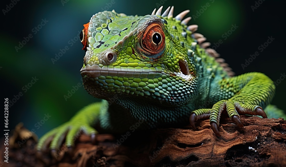 A green lizard on top of a log in front of a dark background. Created with Generative Ai technology. A green lizard on top of a log in front of a dark background. Created with Generative Ai technology.