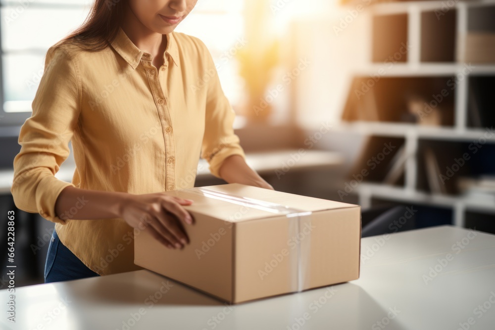closeup hand Woman packing cardboard box indoors, moving day and relocating delivery service concept. closeup hand Woman packing cardboard box indoors, moving day and relocating delivery service concept.