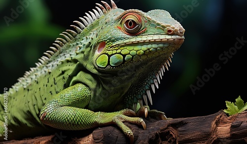 A green lizard on top of a log in front of a dark background. Created with Generative Ai technology. © Viktor