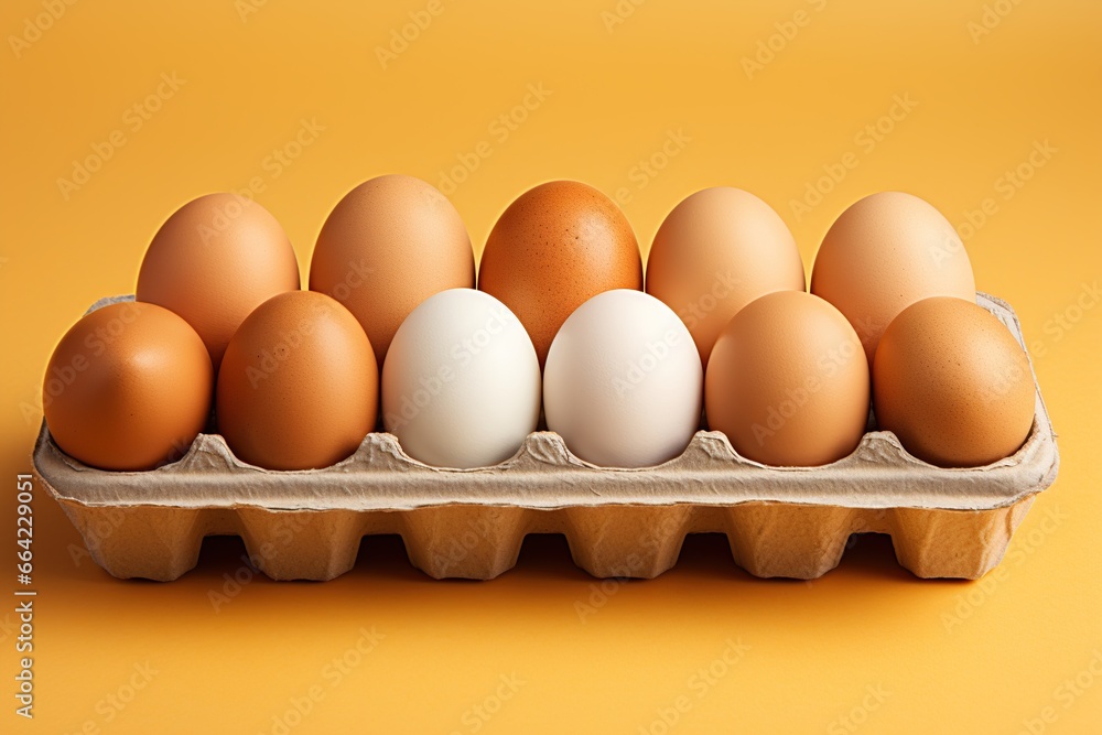 One brown chicken egg and one white egg in a cardboard box made from recycled scrap paper on a yellow background. One brown chicken egg and one white egg in a cardboard box made from recycled scrap paper on a yellow background.