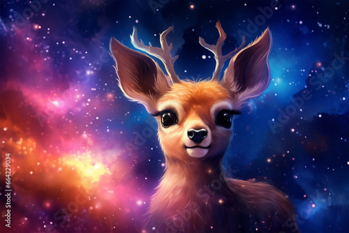 a deer with a background of stars and colorful clouds