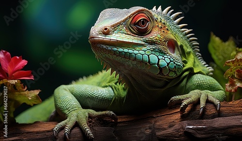 A green lizard on top of a log in front of a dark background. Created with Generative Ai technology. photo