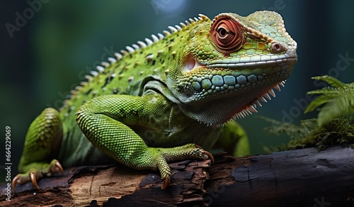 A green lizard on top of a log in front of a dark background. Created with Generative Ai technology.