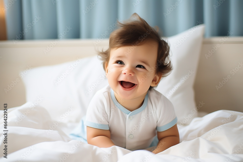 Cute baby laughing in bed in the morning